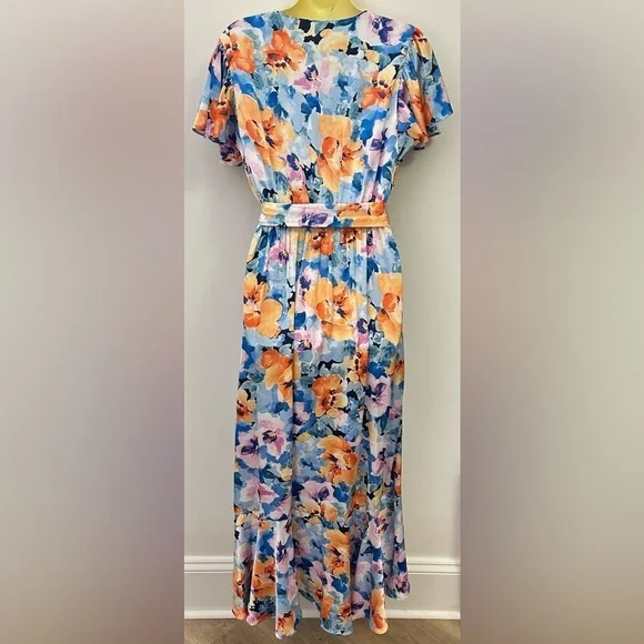 Nicole Miller Blue and Orange Floral Ruffle Front Tiered Maxi Dress size S - Picture 2 of 10